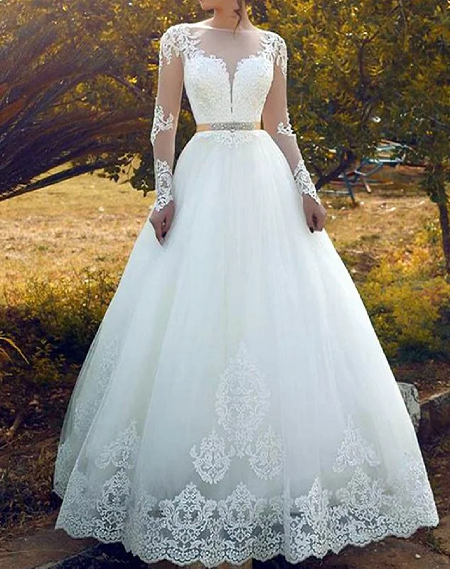 Budget Friendly Women Ball Gown Appliques Wedding Dresses Long Sleeves Lace Bridal Gowns YWD167