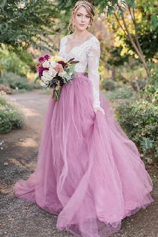 Chic Styles Roycebridal Pink Tulle A-line Long Sleeves Lace Top Vintage Wedding Dresses, MW919