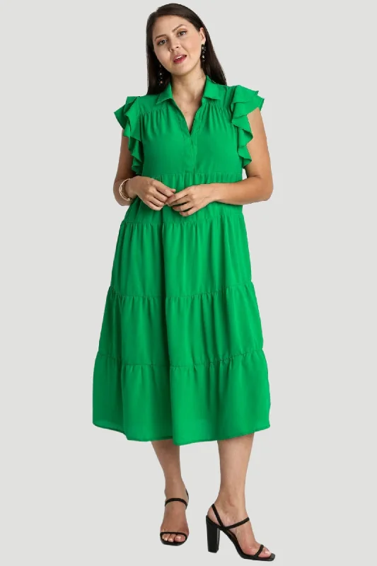 Style Breakthroughs Tiered Ruffle Sleeve Midi Dress, Green