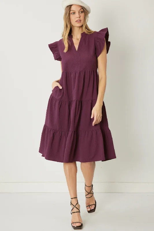 Chic Wardrobe Essentials Ruffled Pocket Tiered Midi Dress, Eggplant