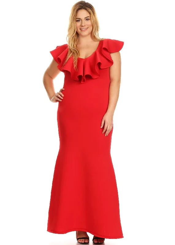 Discover Promotions Plus Size Women  Ruffle Hem V-neck Mermaid Maxi Dress