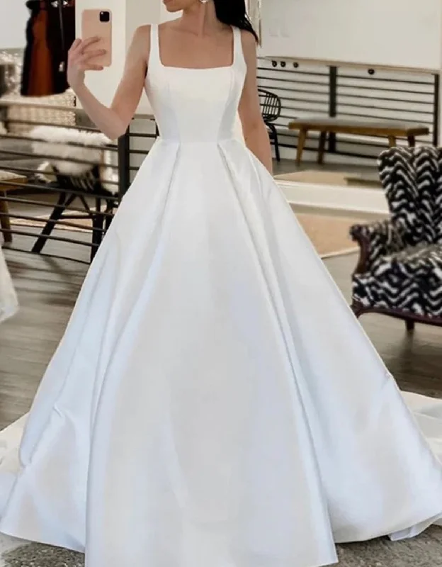 Chic Style, Always In Vogue Women A-Line Satin Wedding Dresses Long Sleeveless Bridal Gowns YWD145