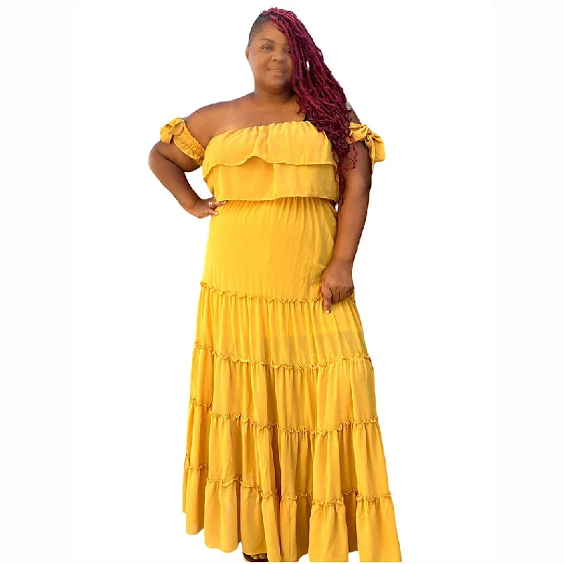 Limited Time Offers Women's Plus Size Honey Mustard Tired Maxi Dress