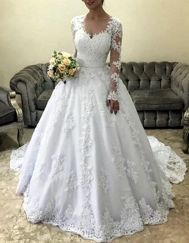 Hot Trends Women Ball Gown Appliques Wedding Dresses Long Sleeves Lace Bridal Gowns YWD171