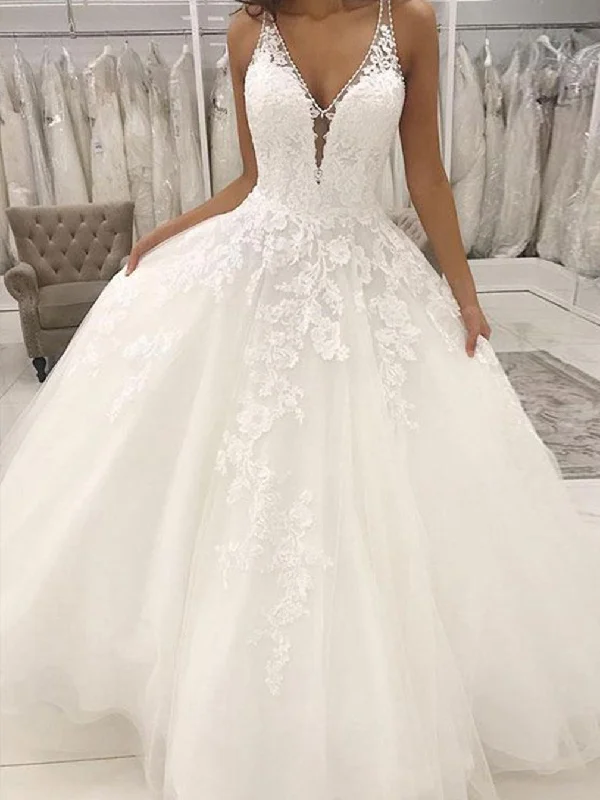 The Latest Fashion Trends Women A-Line Lace Wedding Dresses Long V-Neck Appliques Bridal Gowns YWD151