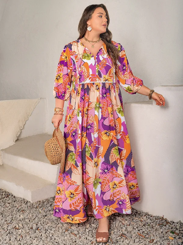 Sale Event, Prices Rock Plus Size Printed Tie Neck Maxi Dress