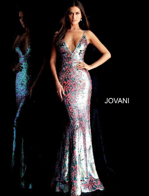 Break Fashion Norms Jovani 67314 Plunging Neck Sequin Long Party Dress