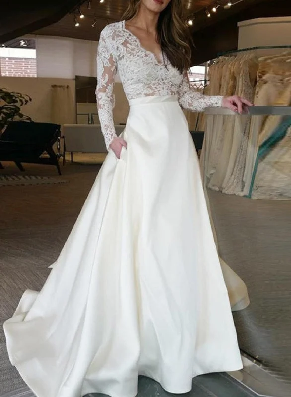 Limited Stock, Big Discounts Women A-Line Lace Appliques Wedding Dresses Long Sleeves V-Neck Bridal Gowns YWD155