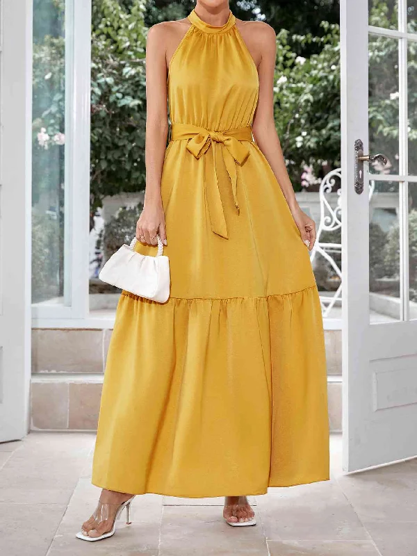 Fashion Deal Belted Grecian Neck Tiered Maxi Dress