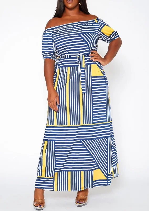 All Season Basics Discount HI Curvy Plus Size Women Striped Print Off Shoulder Maxi Dress