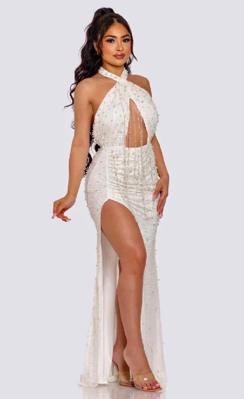 Premium Fashion White Fishnet Pearl Studded Crossover Neck Maxi Dress