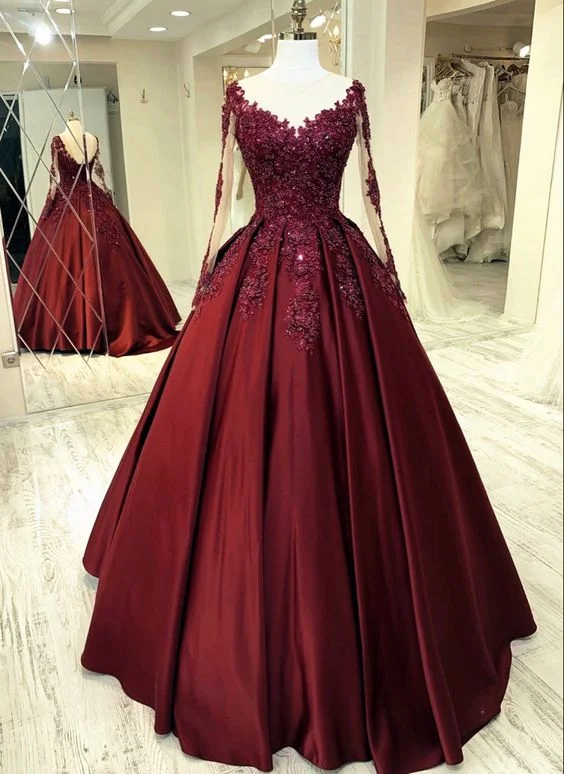 Unbeatable Prices Elegant burgundy wedding dress lace long sleeves ball gown sheer neckline for women prom dress, evening dress    cg21004