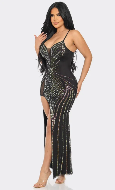 Trendy Fashion For Women Who’s that Sexy Lady /  Black Iridescent Rhinestone Embellished Maxi Dress