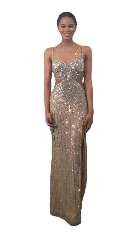 Top Deals Jovani 40060 Size 00 Nude Long Sequin Cut Out Prom Dress Formal Crystal Gown Beaded