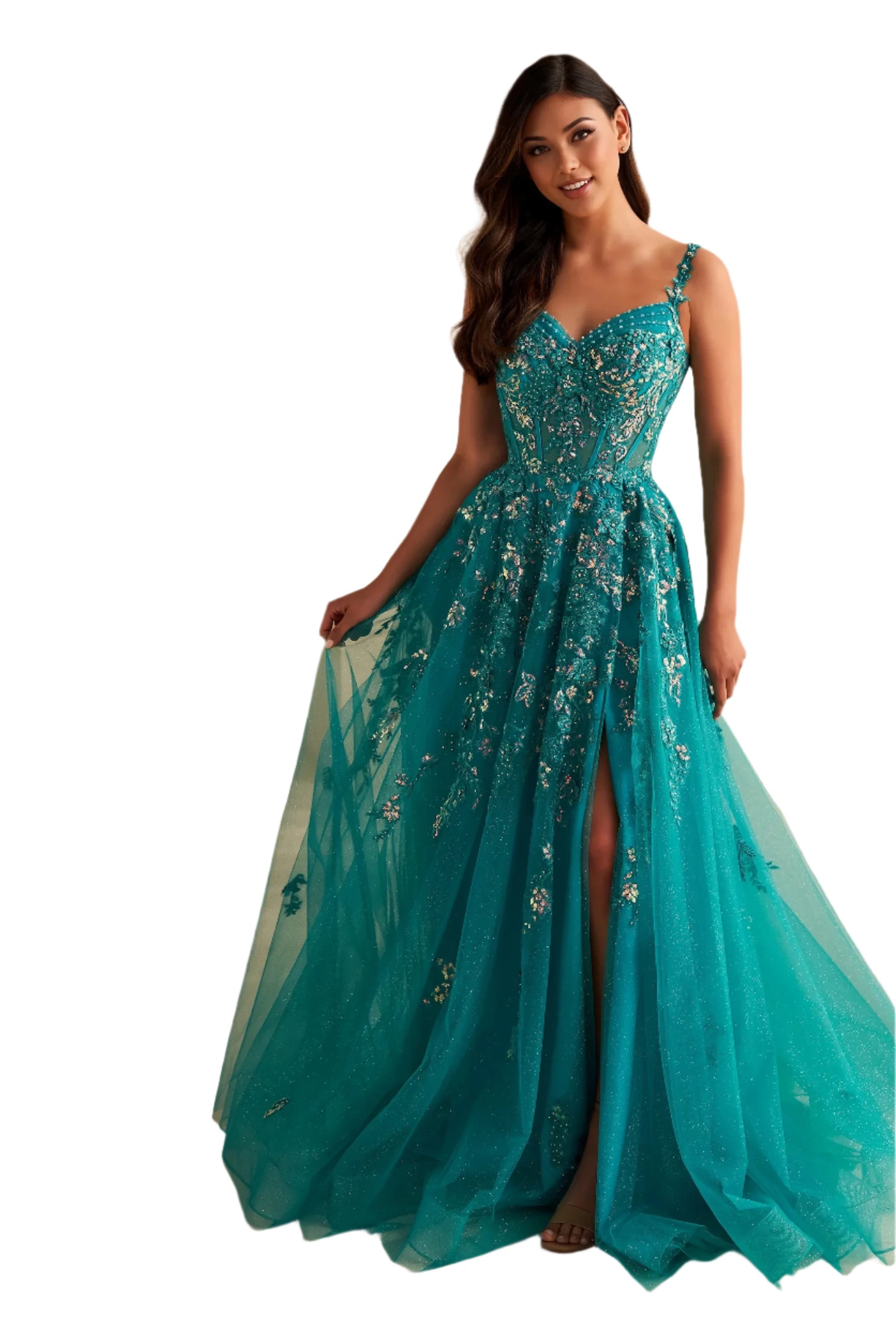 Fashionista Favorites Ellie Wilde EW36204 Size 2 Jade Sequin Lace sheer Corset Slit Prom Dress Beaded off the shoulder Gown