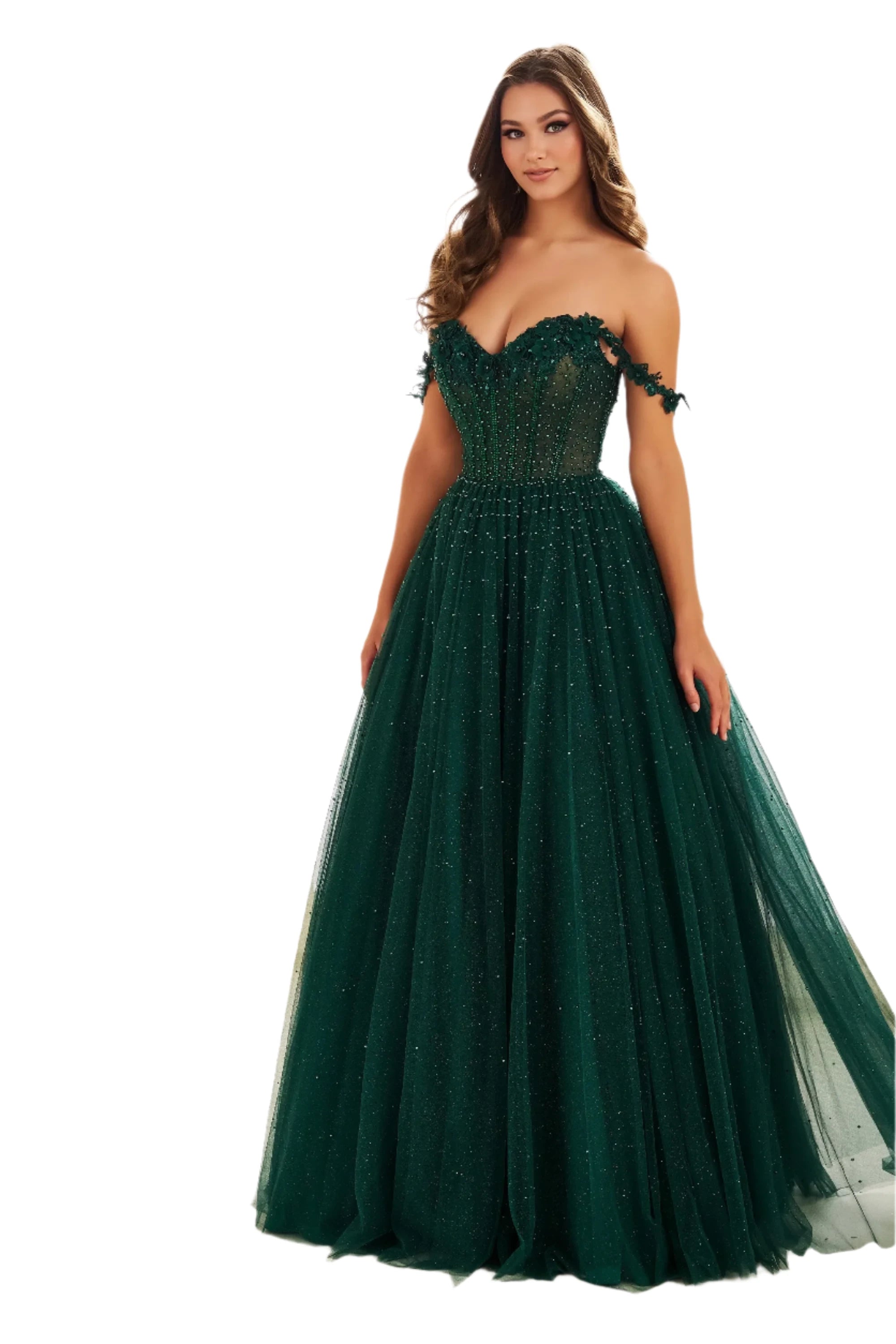 Everyday Fashion Ellie Wilde EW36071 Size 00 Emerald Long A Line Sheer lace Corset Prom Dress off the shoulder Formal ball Gown