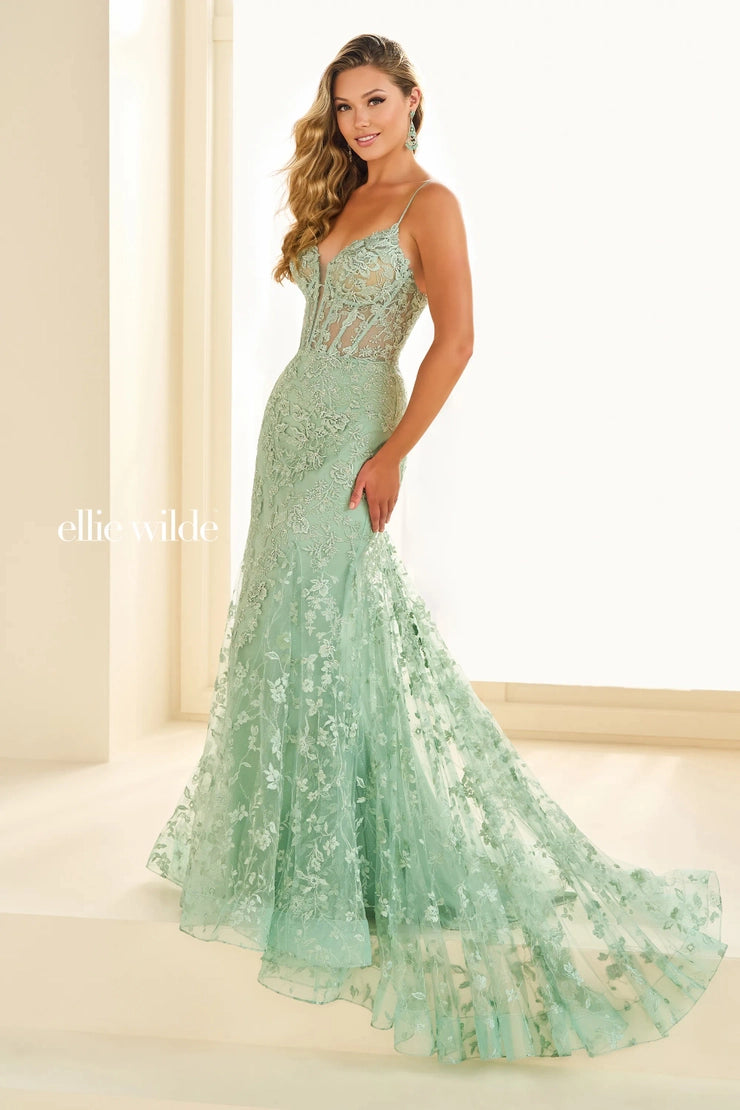 Unbeatable Prices Ellie Wilde EW36008 Size 0 Sage Long Lace Mermaid Corset Prom Dress Formal Evening Gown V Neck Train