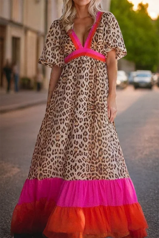 Flash Sale Now Full Size Leopard V-Neck Half Sleeve Maxi Dress