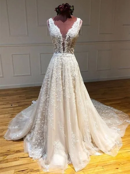 Seasonal Trends Deep V Neck and V Back Champagne Lace Long Wedding Dresses, Champagne Lace Prom Formal Evening Dresses   cg19655