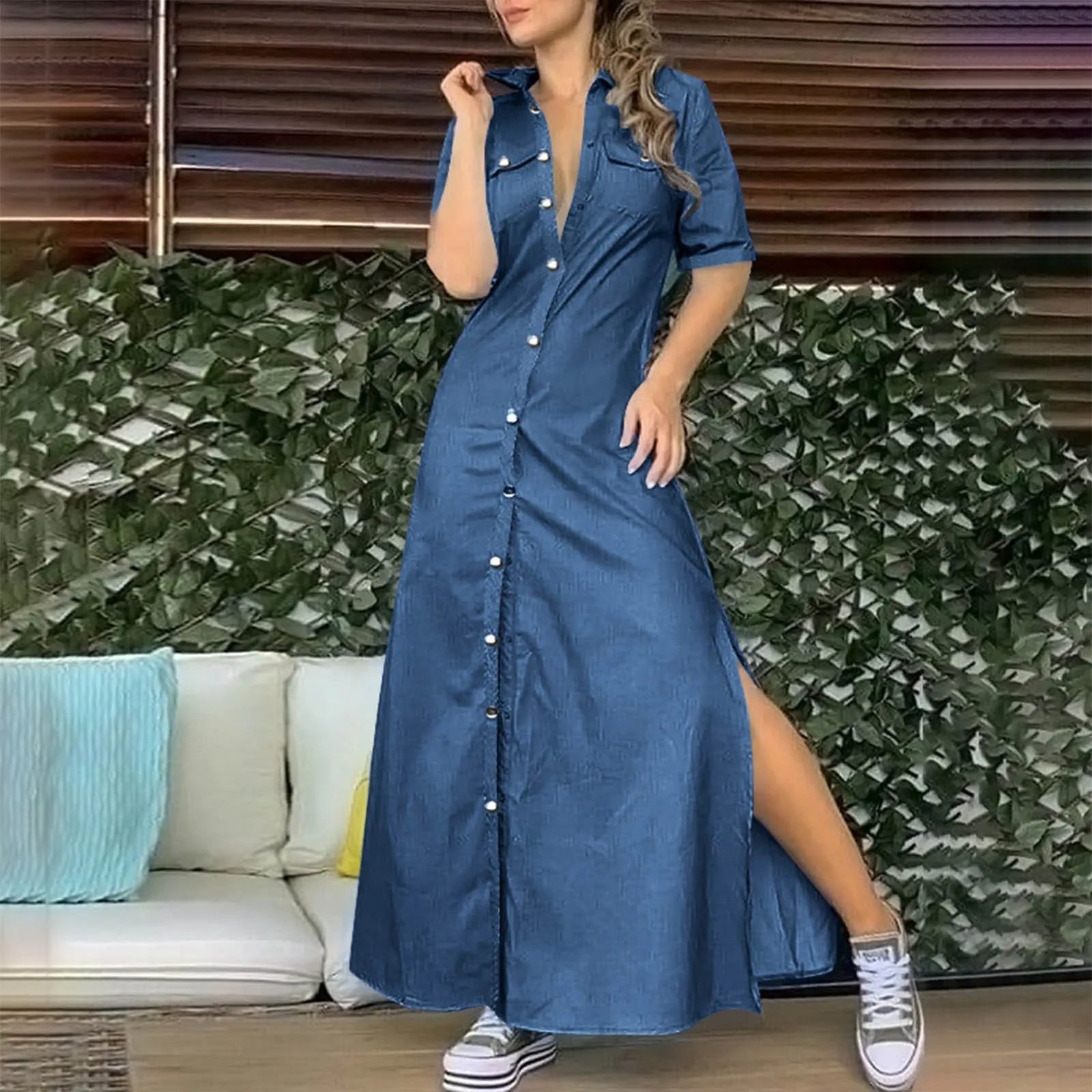 Huge Price Cut JuliaFashion - Fashion Pockets Denim Turndown Collar Half Sleeve Single Breasted Slit Long Elegant Maxi Dress