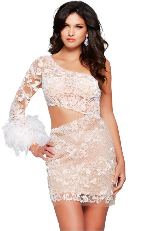 Shop Our Looks Jovani 23527 Cocktail Dress Sheer Cutout Feather Sequin Lace Long Sleeve One Shoulder Formal Gown