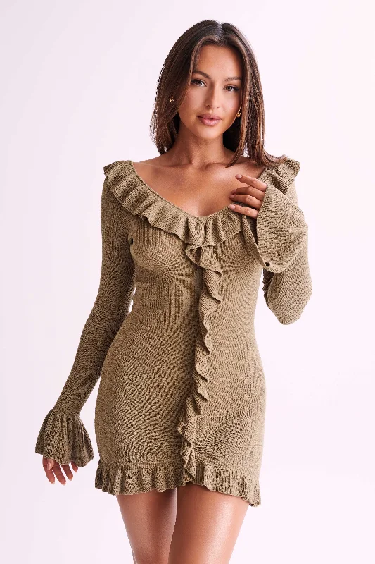 Comfort First Women's Wear Karolina Knit Mini Dress With Frill - Olive