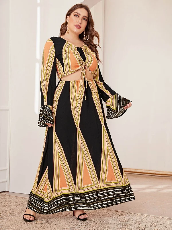 Stylish Savings Plus Drawstring Front Geo Print Maxi Dress