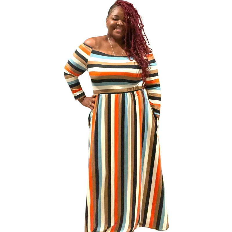 Fashionista Favorites Women’ s Plus Size Off The Shoulder Striped Maxi Dress