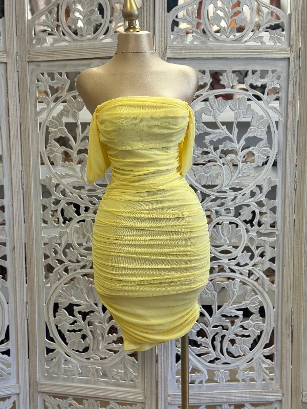 Save Big Light Yellow Off Shoulder Ruched Midi Dress- Stretchy