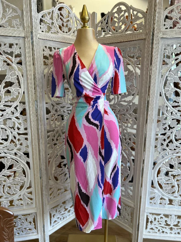 Season Offer Wrapped Multicolor Midi Dress- Not Stretchy