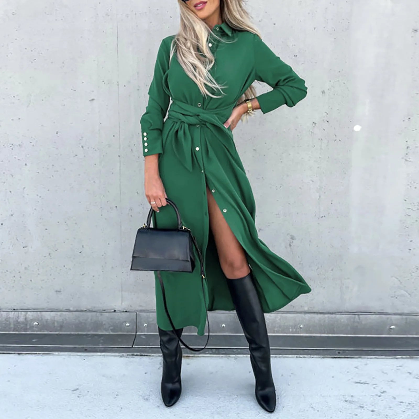 All Season Fashion Collection JuliaFashion - 2024 New Autumn Casual Fashion Lace Up Long Shirt Solid Button Cardigan Elegant Office Lady Maxi Dress