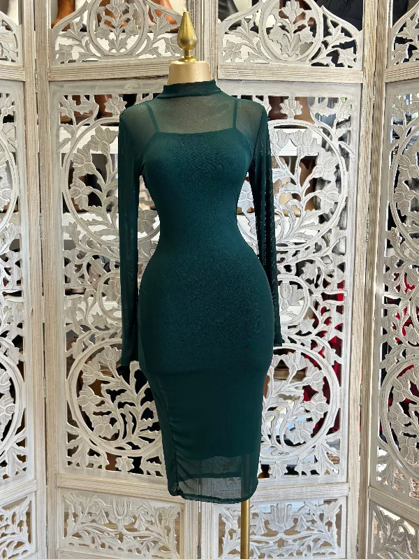 Style Beyond Borders Green Mesh Mock Neck Midi Dress