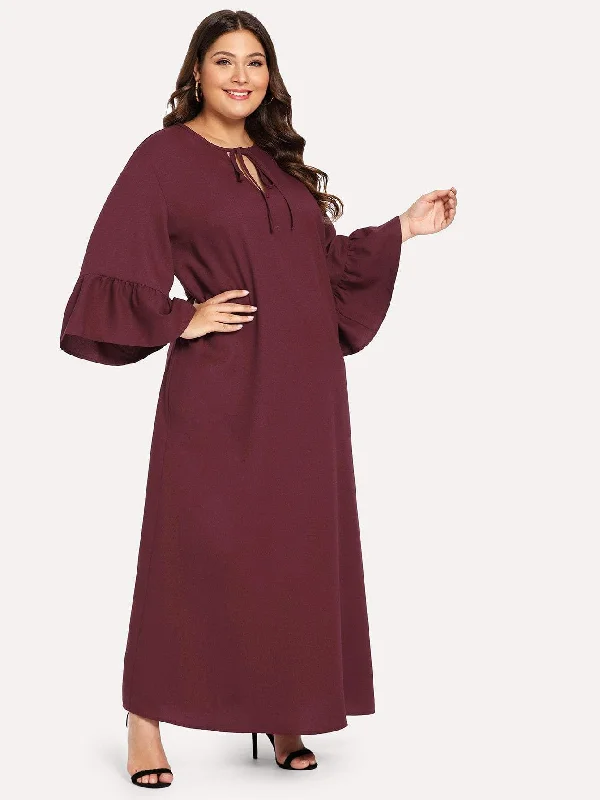 Sophisticated Outfits Plus Tie Neck Bell Sleeve Maxi Dress