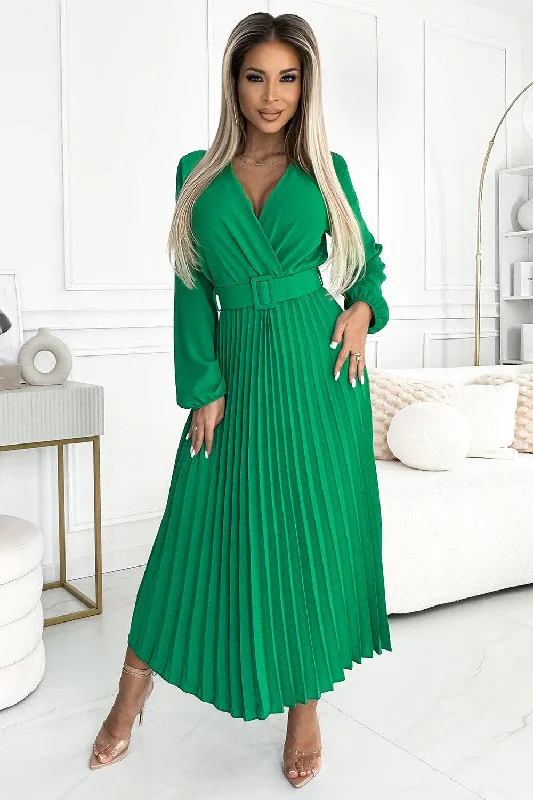 Trend Alert Numoco Basic 504-4 VIVIANA Pleated midi dress with a neckline, long sleeves and a wide belt - light green