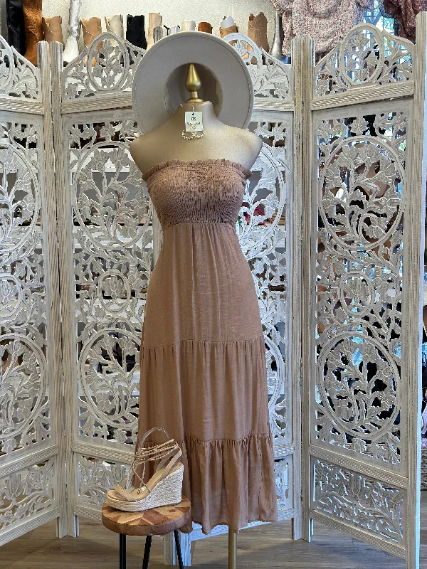 Casual Chic Brown Strapless Smocked Midi Dress