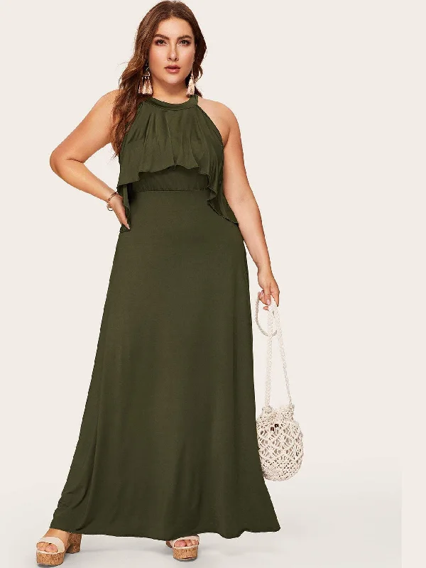 Stylish Savings Plus Button Keyhole Back Ruffle Maxi Dress