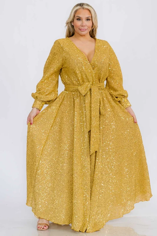 Fashion-Forward Plus Size Women Bishop Long Sleeve Shimmer Warp Flare Maxi Dresses