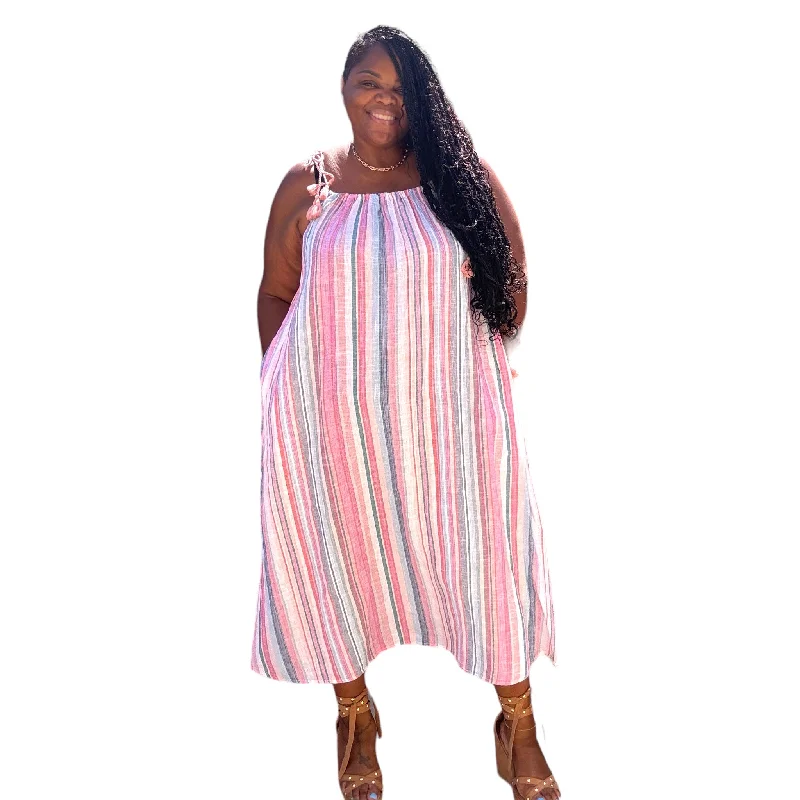 Spring Fashion Plus Size Striped Linen Maxi Dress With Tassels