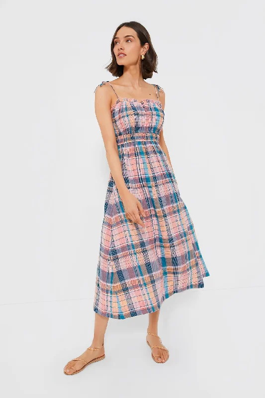 Beat The Heat In Tropical Styles Plaid Mallard Blue Strappy Linen Midi Dress