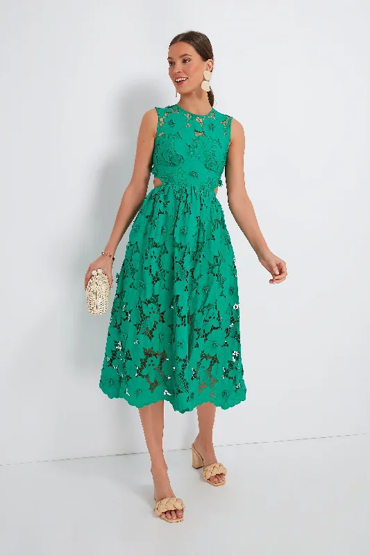 Discover Now Green 3D Cotton Lace Midi Dress