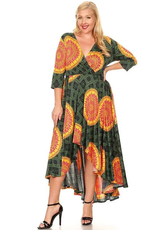 Hot Sale Plus Size Women Mixed Mandala Printed Waist tie Hi-Low Flare Maxi Dress