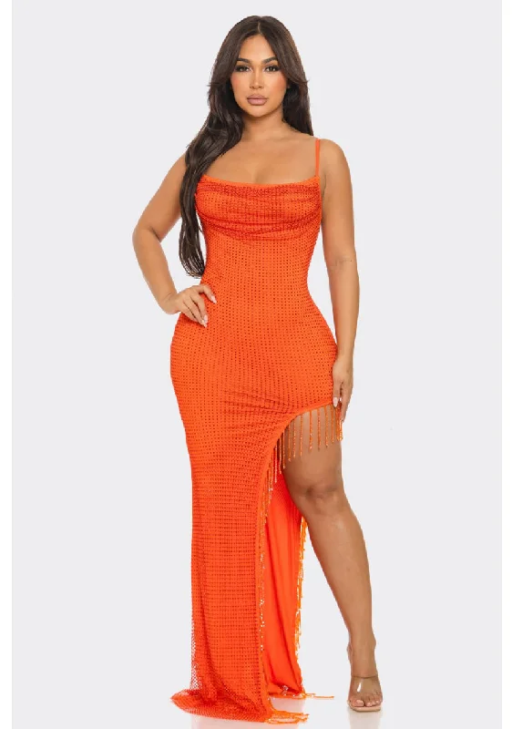 Vibrant Femme Fashion Spicy Orange Rhinestone Fishnet Overlay Maxi Dress