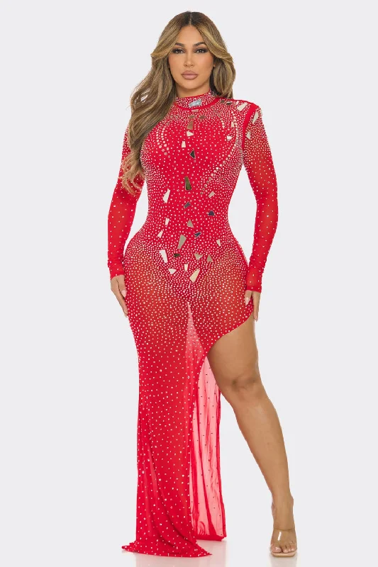 Bold Fashion I love Me Red Rhinestone Shiny Cut Mirror Embellished 
Maxi Dress