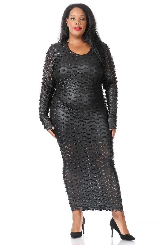 End Of Season Sale Plus Size Textured long sleeve maxi dress with a scoop neckline