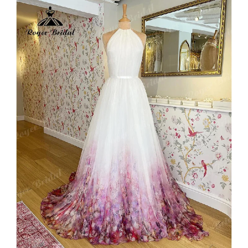 Best Seller Halter Neck Chiffon A Line Garden Floral Print Wedding Dress Open Back 2025 Pleats Wedding Gowns for Bridal sukienka na wesele