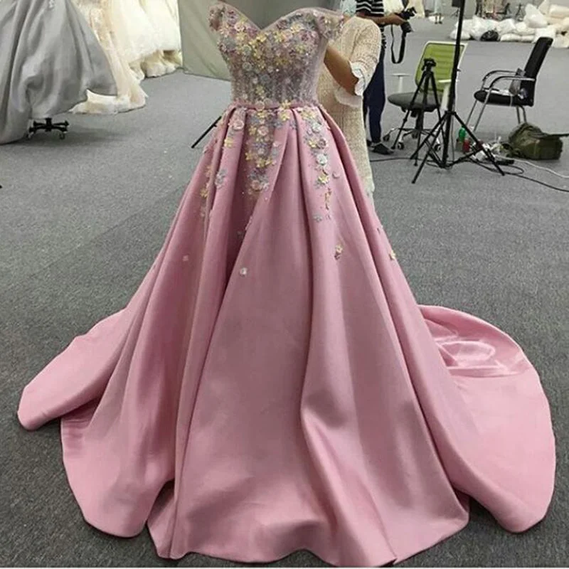 Trendy Threads Pink Off Shoulder Satin Handmade Flowers Lace A Line Prom Dresses Wedding Request Gown