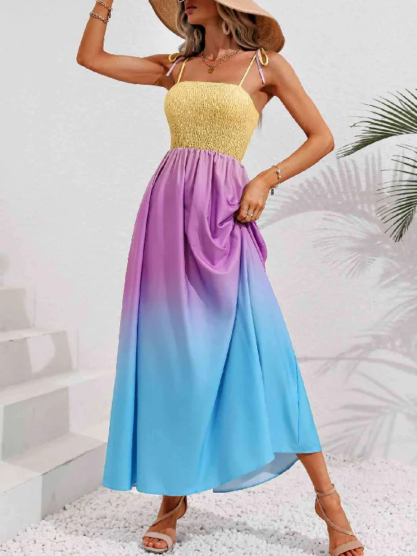 Versatile Wardrobe Essentials Color Block Tie Shoulder Smocked Maxi Dress