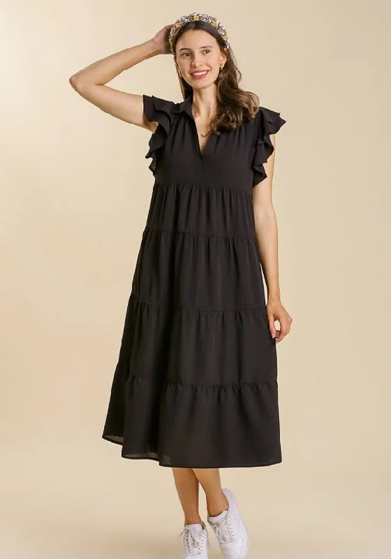 Timeless Elegance Redefined Tiered Ruffle Sleeve Midi Dress, Black