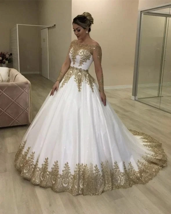 Trend Setting Wardrobe Long Prom Dresses Gold And White Wedding Dress Lace Beaded Off Shoulder    cg20042