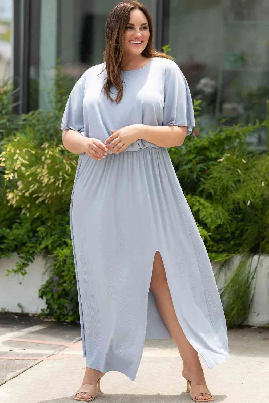 Fashion Forward Plus Size Round Neck Split Flutter Sleeve Maxi Dress